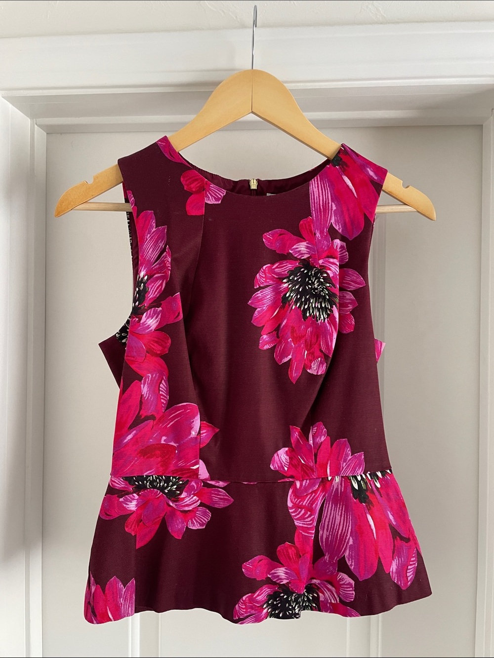 Trina Turk Sleeveless Floral Peplum Top in Burgundy and Fuchsia